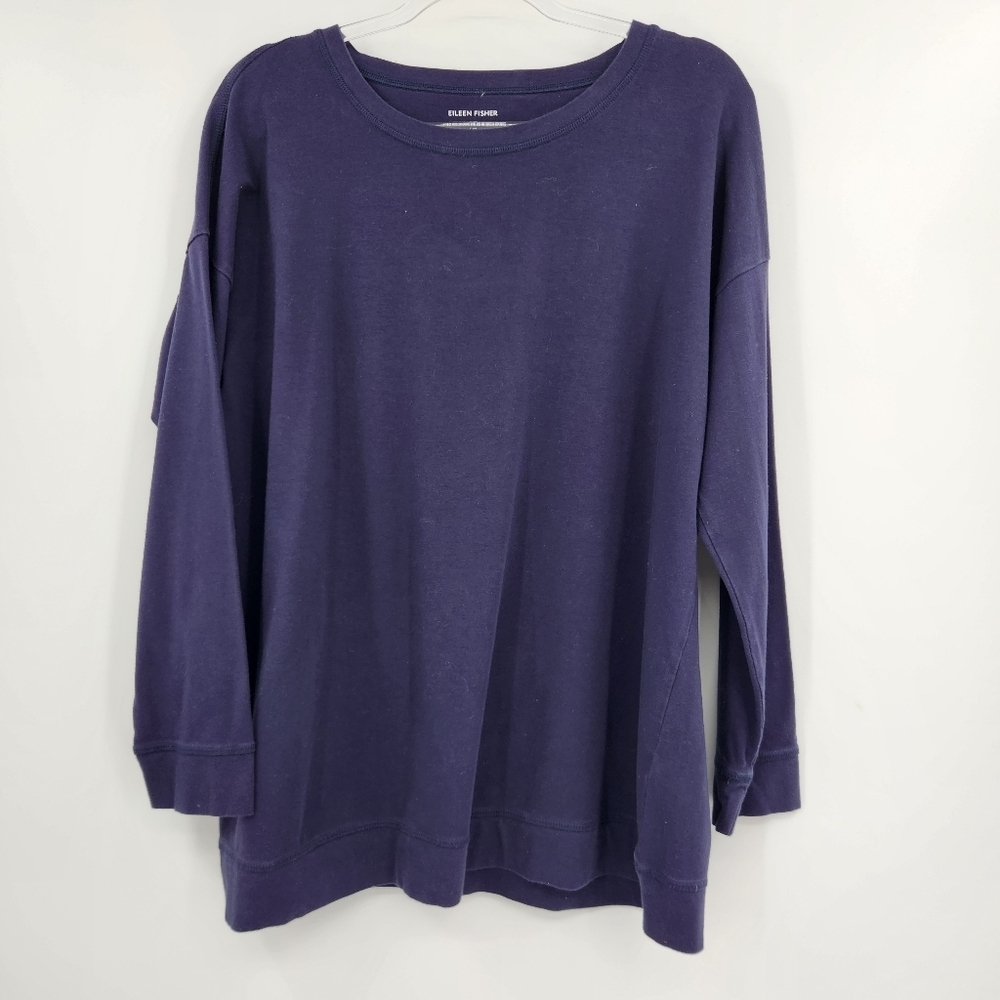 Eileen Fisher Long Sleeve Crewneck Tee Womens Size Large Navy Blue Basic Shirt